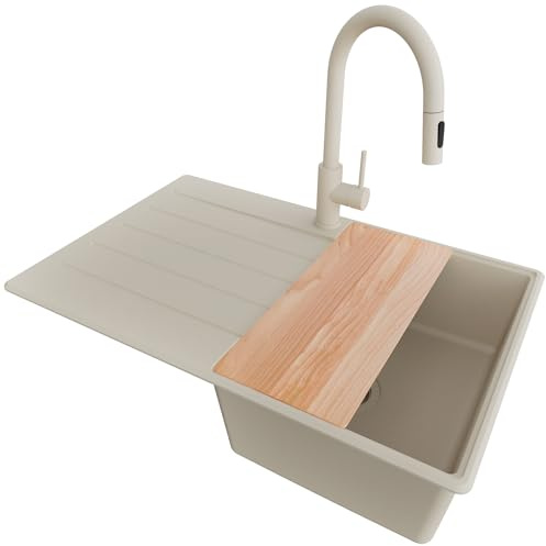 PRIMAGRAN Granitspüle ab 45er Unterschrank + Küchenarmatur, 78x50cm | Set: Küchenarmatur BW9010 + Ablauf-Set + Schneidebrett + Spülbecken 1 Becken - Kopenhagen Top, Alles Beige