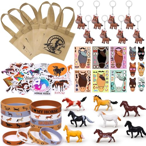 Cleboen 90PCS Pferde Party Mitgebsel Kindergeburtstag West Cowboy Figur Spielzeug Silikon Armbänder Schlüsselanhänger Aufkleber Geschenktüten Give Aways Mitbringsel Geburtstag Kinder Jungen Mädchen