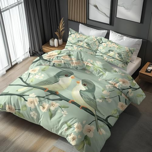 Generisch Bettwäsche 135x200 Grüner Vogel Blumen - Schlafzimmer Deko Bettbezug 135 x 200 2tlg Natur Frühlings Blumen Vögel Muster, 1 Kissenbezug 80x80, mit Reißverschluss, Weich Mikrofaser TE3-117