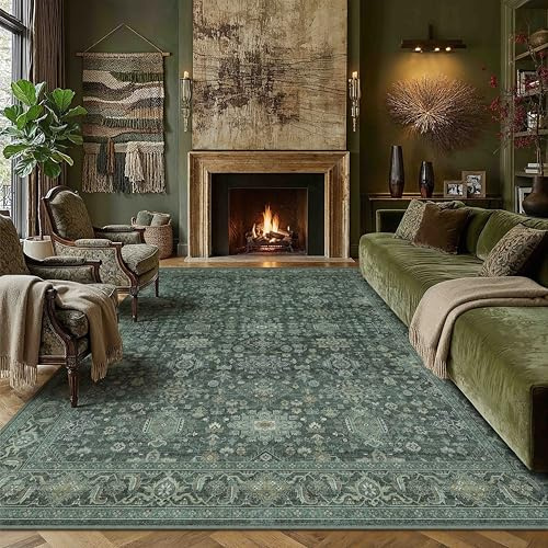 PureCozy Vintage Teppich Wohnzimmer 200x300cm Grün Schlafzimmer | Wohnzimmerteppich Waschbarer Carpet,Weich Rutschfest Teppiche,Esszimmer Büro Kurzflor Groß Tepich Carpets Rug