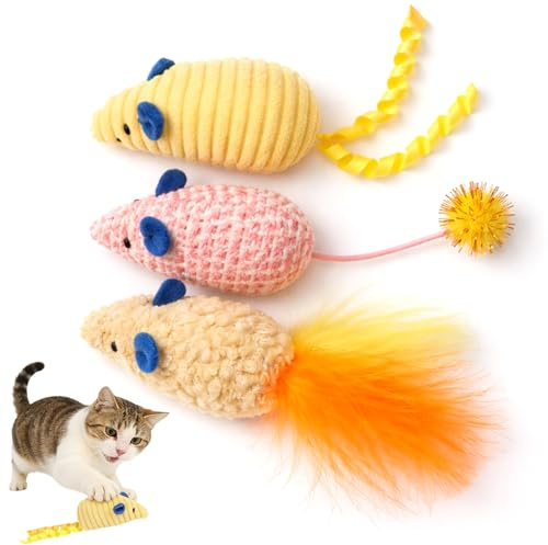 MOTIBACK 3 Pack Mouse Cat Toys, Plush Interactive Mice With Colourful Tails | 7.08inch Mouse Kitten Toy Set With Soft Textures, Lightweight Design For Chasing, Batting, Grabbing And Indoor Play