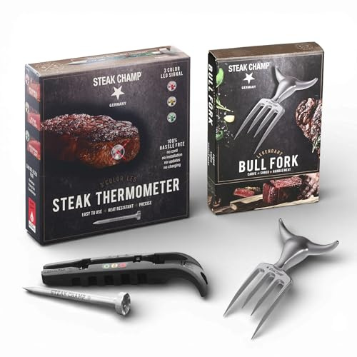 Steakchamp BBQ Profi-Bundle – Bull Fork Fleischgabel aus Zinklegierung (6,5) + 3-Farb-LED Steak-Thermometer, Grill- & BBQ-Zubehör für perfektes Tranchieren und Garpunkt-Kontrolle