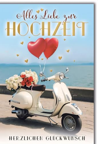 Hochzeitskarte für Paare - Romantisch - Vespa mit Herzballons und Blumen am Seeufer - Klappkarte mit Umschlag Glückwunschkarte Hochzeit