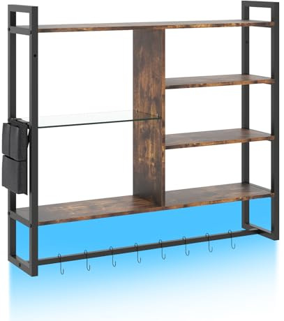 GiantexUK Floating Pipe Shelving, Wall Mounted Shelves with Side Pocket & 8 S-Hooks, Hanging Storage Display Rack for Kitchen Bar Living Gaming Room (Rustic Brown+Black, with Led Lights)