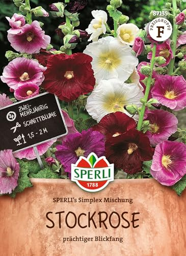 Sperli Stockrosensamen SPERLI's Simplex Mischung 87135, Blumensaat | Mehrfarbige, einfach blühende Stockrose, für Bauerngarten, Zaun und Hauswand, 1 Portion