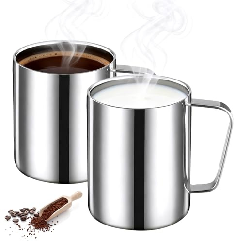 2 Stück Edelstahl Tasse, 500 Ml Kaffeetasse Doppelwandig Isoliert, Doppelwandiger Becher Aus Edelstahl, Sus 304 Metall-Teetasse Mit Griff, Für Kaffee, Milch, Saft, Und Andere Getränke