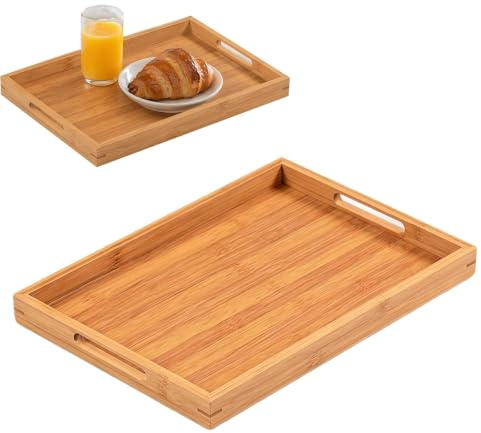 Bamboo Serving Tray with Handles,Wooden Tray for Snack,Dinner,Food, Home Decorative Storage, Platter, Ottoman,Kitchen for Home, Cafes, Eateries Etc