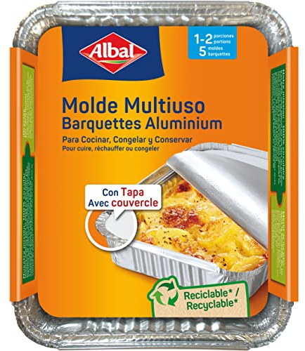 Albal 204080 - Moldes de Aluminio de 0,5 litros, 14 x 13 x 6,5 Centímetros con Tapa, Desechables, Multiusos para Asar, Congelar y Conservar,1-2 Porciones, Paquete de 5 Unidades