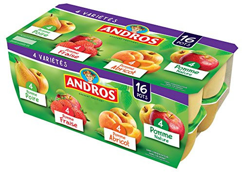 Andros Dessert Fruitier Panaché Pomme, Fraise, Poire et Abricot, 16 x 100g