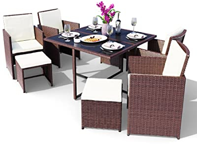 Swing & Harmonie Sitzgruppe Garten - Rattanmöbel Outdoor - Robuste Gartenmöbel - Hochwertige Gartengarnitur - Garten-Essgruppe - Outdoormöbel - Esstisch (9-Teilig, braun)
