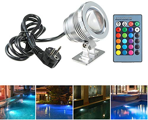 Lixada Luce Subacquea, AC85-265V 10W RGB LED, Lampada Sommergibile con Telecomando, 16 colori che Cambiano Flash/Strobe/Fade/Smooth 4 Effetti luce IP68 Water Proof,Argento