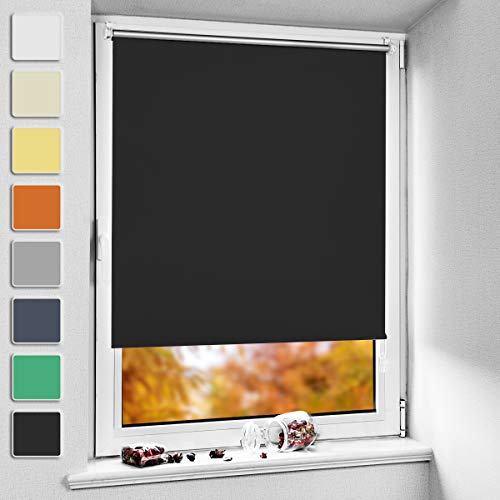 NoCon Verdunklungsrollo Klemmfix ohne Bohren & mit Bohren ● Schwarz 90x140cm (BxH) ● Thermorollo Klemmrollo Fensterrollo Sonnenschutz Sichtschutz, Rollos für Fenster und Tür