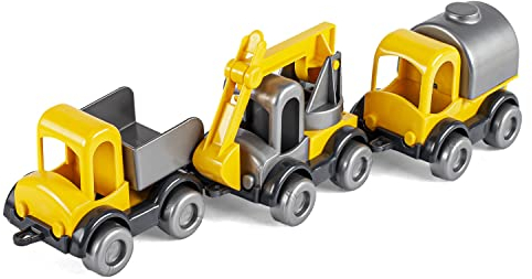 Wader 60021 - Kid Cars Spielset Baustelle, 3 gelbe Fahrzeuge mit Kipper, Kran und Trankwagen, stabile Stahlachsen, ab 12 Monaten, ideal als Geschenk für kreatives Spielen