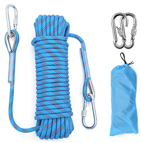 Outdoor Climbing Rope 10MM Diameter 10M(32ft) 20M(64ft) Static Rock Climbing Rope Tree Climbing Rappelling Rope Escape Nylon Rope Ice Climbing Equipment Fire Rescue Parachute Rope with 2 Steel Hooks