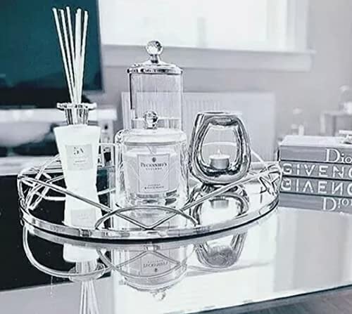 Silver Round Mirrored Candle Tray / Drinks Tray / Cosmetic Tray / Organizer Large 30cm