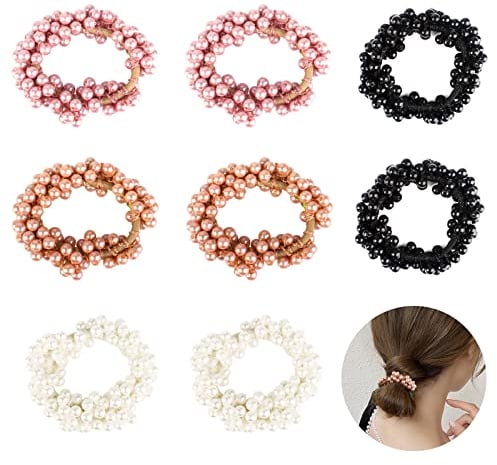 Haargummi mit Perlen 8 Stück Haar Scrunchies Damen Elastische Haarseil Zopfgummi Scrunchies Haarband Seil für Brötchen Pferdeschwanz Geflochtene Zöpfe (Schwarz Lila Hellorange Weiß)