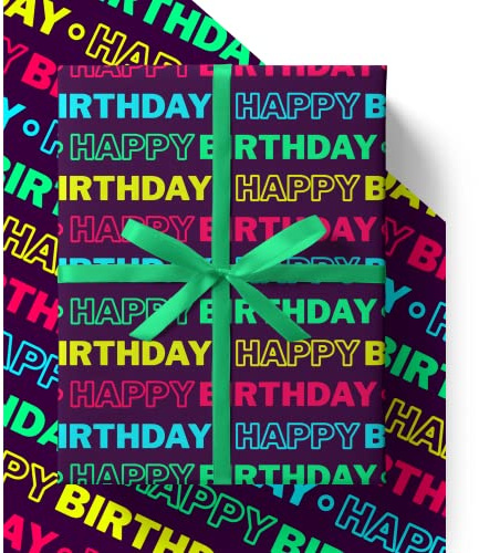 4 x Neon Birthday Wrapping Paper - HUGE 43% BIGGER [84cm x 60cm] Eco Friendly Premium Recyclable Gift Wrap for Men, Women, Boys or Girls (4 Sheets & 4 Tags)