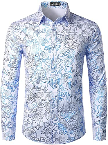 PARKLEES Men's Luxury Gold Prom Design Slim Fit Long Sleeve Button up Party Dress Shirts White Royal L