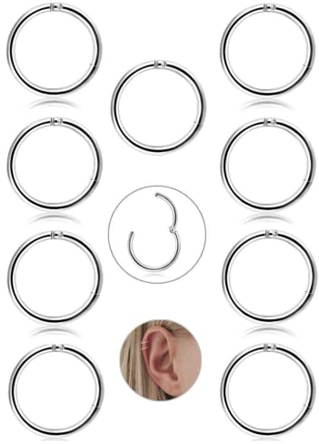 JeryWe 9Stk 16G Edelstahl Knorpel Creolen Ohrringe für Frauen Männer Nase Ringe Piercing Hoop Lippe Septum Clicker Ring Tragus Piercing Schmuck Set 8/10mm Silber/Gold/Roségold/Schwarz
