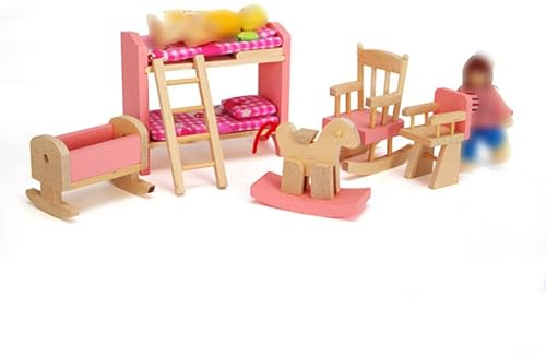 zalati Puppenhaus Kinderzimmer Kit 1:12 Miniatur Babybett Doppelstockbett Babystuhl Schaukelstuhl Schaukelpferd Kinderzimmer Set für Puppenhaus Deko