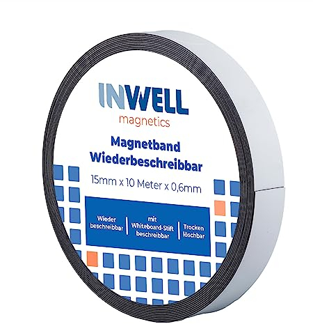 Inwell - Magnetband 15 mm mit Whiteboard-Beschichtung | Länge 10 meter | Magnetbänder mit weißer Oberfläche | Für einem Whiteboard-Marker | Magneten beschriftbar