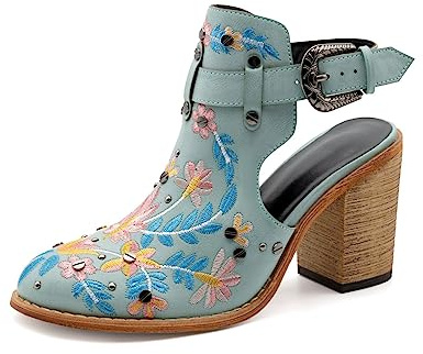 ATBELL Women's Floral Embroidery Ankle Boots Buckled Backless Western Vintage Wooden Chunky Heeled Booties, Blue, 7 UK
