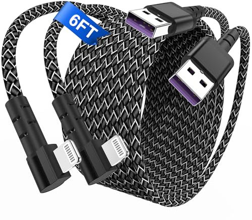 90 Degree for iPhone Charger Cable 6ft, [2Pack] MFi Certified Right Angle Lightning Cable 6foot, Long 6feet for iPhone Charging Cord for iPhone 13 12 11 Pro Max XR XS X 8 7 6 Plus SE iPad-Black.