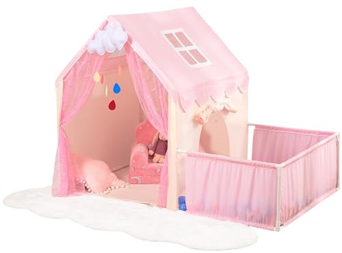 LOAOL Large 2-in-1 Kids Play Tent - Princess Tent with Cloud Ornaments, Indoor Playhouse for Girls, Toddler Fort with Two Windows (Pink)