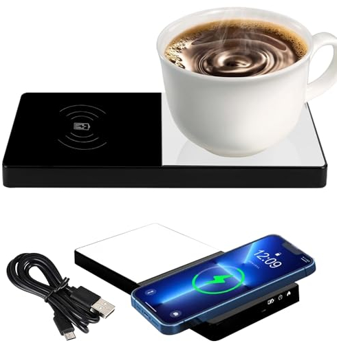Chauffe-Tasse 2 en 1 Avec Charge Sans Fil, USB 55 °C, Chauffe-Boisson à Température Constante, Dessous de Verre, Chargeur Sans Fil pour Bureau