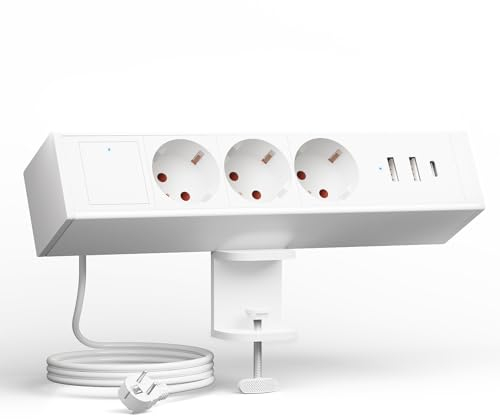 Tischsteckdose mit 2 USB und 1 Type C Port,3 Fach Steckdosenleiste mit Schalter, 1,8M Kabel, Schreibtisch Mehrfachsteckdose Klemmbar für Zuhause Büro
