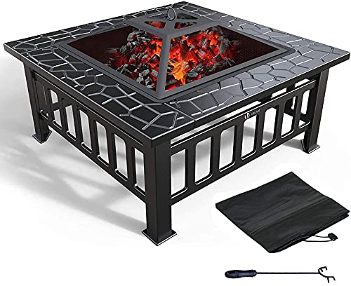 3-in-1-Feuerstelle für den Außenbereich, Metall-Brazier, quadratischer Tisch, Feuerstelle, Garten-Terrassenheizung/Grill/Eisgrube mit wasserdichter Abdeckung