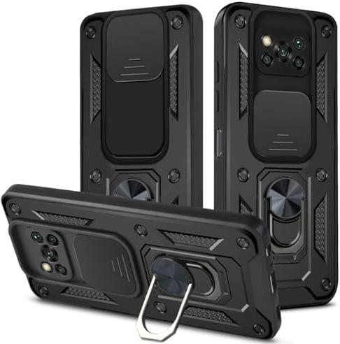 UPLAI Hülle für Xiaomi Poco X3 Pro/Poco X3 NFC, Slim Stoßfest Rüstung Handyhülle mit Gleiten Kamera Cover und Magnetisch Ring Ständer, PC + TPU Dauerhaft Schutzhülle.Schwarz
