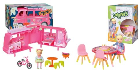 BABY Born, Puppenfahrzeug, aufklappbarer Wohnwagen & Minis Geburtstags-Spielset mit Minis-Puppe Lea, Geburtstagstisch und Stühlen, 906170 Zapf Creation