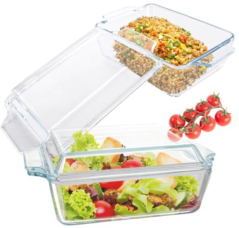 SHUESS Set of 2 Small Rectangle Casserole Dishes with Lids Oven Proof - 1L Individual Lasagne Dish - 23x14x8.5cm Glass Oven Dish with Lid for Lasagne, Meat