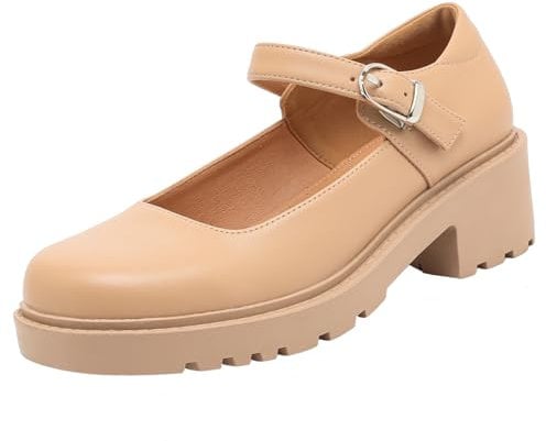 DADAWEN Women's Chunky Platform Mary Janes Shoes Buckle Strap Lolita Dress Pumps Apricot 5 UK