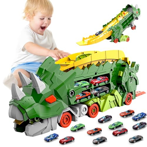3T6B Camion Jouet Voiture Dinosaure, Transporteur Voiture Jouet Set, avec 12 Voitures de Course, Circuit de Course Portable, Meilleur Cadeau pour 3 4 5 6 Ans Garcon