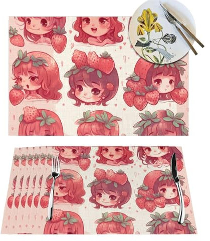 Gewebte Platzsets, hitzebeständig, rothaariges Mädchen und Erdbeere, 4 Stück, waschbar, Tischset für Esstisch, für Küche, Picknick, Party