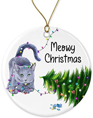 Keramik Weihnachtsbaumschmuck Russische Blaue Katze Weihnachtsschmuck Weihnachtsbaum Deko Trendig Weihnachtsbaum-Anhänger Runde Weihnachtsdekoration Für Fenster Autoinnenräume Restaurants