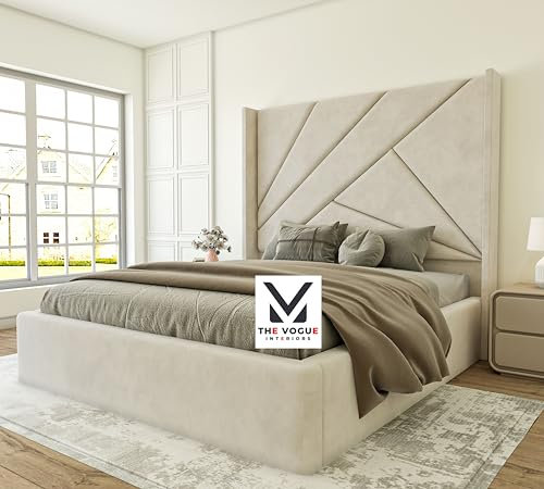 THE VOGUE Interiors Upholstered Bed Frame, Ottoman Bed Frame, Double Bed with Storage, Winged Plush Velvet Bed Frame With Storage, Double King,Super King Bed Frames (Cream Plush Velvet, 4FT6 DOUBLE)
