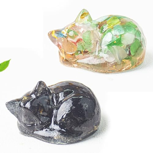 Hayaww 2 pcs Katzen Kristalle Katzenfigur,Opal und Lapislazuli, Katzenförmiger Stein,Deko Katze Schlafende Katze Polieren Edelsteine Cute Katzen Geburtstag Geschenk Katzenliebhaber (C)