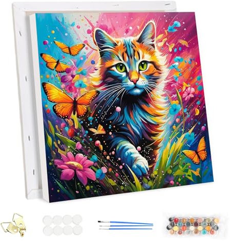 MEIYUDA Peinture par Numero Adulte avec Cadre, Chats Papillon DIY Peinture à l'huile par Numéros sur Toile Artisanat avec Pinceaux Peintures Acryliques, Decoration Maison Cadeau 30x30cm