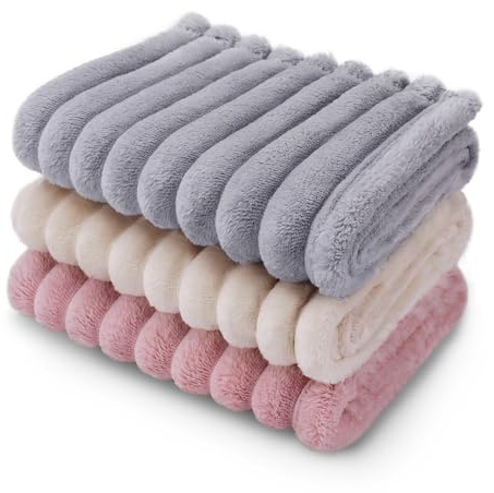 LINENLUX 1 Pack 3 Fleece Dog Blanket Soft Warm Cat Beige/Pink/Grey Small