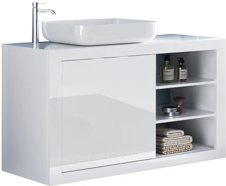 Lomadox Badezimmer Waschtisch stehend Unterschrank 110 cm mit Keramik Aufsatzwaschbecken Türen Fächer in weiß Hochglanz 110x90x47 cm