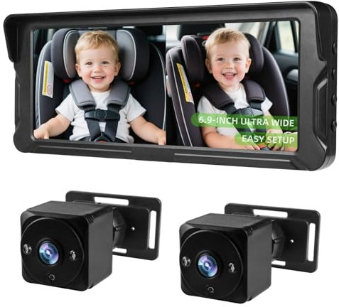 Ecoyoca 2 Kids Baby Car Camera HD 1080P Baby Car Mirror 6.9” Split-Screen Display with Night Vision & Wide View Angle, Easy Installation Baby Monitor for Backseat, Universal Fit All Cars Car Models