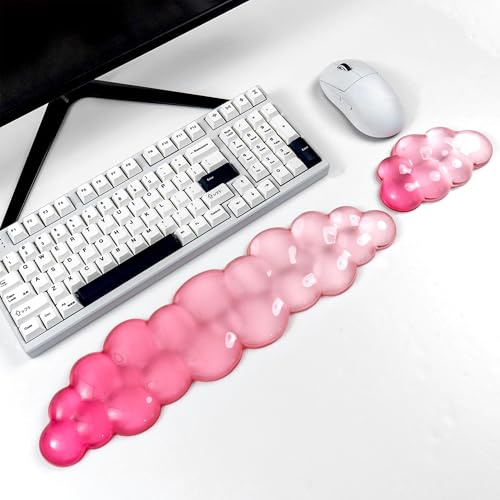 Clear Gel Wrist Rest for Keyboard and Mouse, White Pink Cloud Keyboard Wrist Rest Set, Cute Ergonomic Silicone Wrist Rest for Keyboard 60%/68%/75%