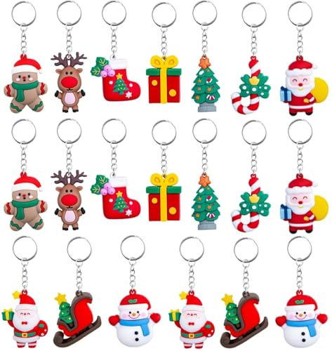 LATERN 20 Pièces 3D Porte-Clés de Noël, 5CM Caoutchouc Dessin Animé Porte-Clés Père Noël Bonhomme de Neige Sapin de Noëls Couronne Porte-Clés pour Noëls Fête Cadeaux Sapin Décoration (10 Styles)