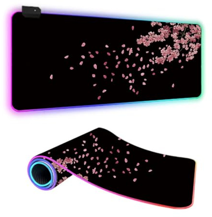 FANSU RGB Gaming Mauspad XXL, 3D Groß Multifunktionales Mousepad mit 14 Farben LED-Licht, USB, für Computer PC Laptop Tastatur Professionelle Gamer (Kirschblüten,900x400x4mm)