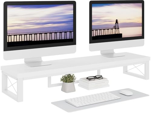 IBUYKE Supporto per doppio Monitor di Computer, 97cm Legno Tavolo Organizer Supporto, Scrivania da Ufficio con Doppio Schermo, Adatto per PC, Stampanti, Laptop, TV, Bianco TDJ002W