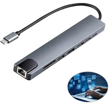 8-In-1 USB-C Hub mit 1G Ethernet, 4K HDMI, PD 100W Schnellladung, USB-C Splitter mit 2× USB, SD/TF Kartenleser für Laptop, Tablet, Smartphone, Monitor, USB C Hub HDMI Ethernet