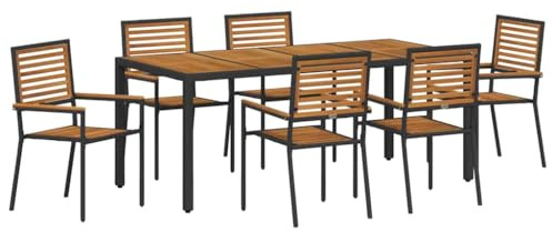 SDWEHBJ Gartenmöbel Set 7-TLG, Sitzgruppe Garten Lounge 6 Stühle mit 1 Tisch, Terassenmöbel Außen Balkonmöbel Set Gartengarnitur Sitzgarnitur Garten Essgruppe, Schwarz und Holz Poly-Rattan